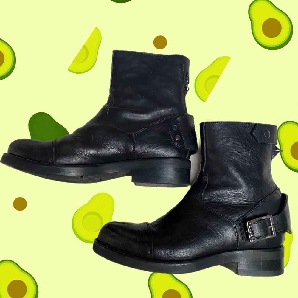 Sartore Moto Biker Ankle Leather Boots - Black
